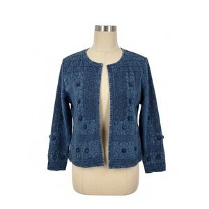 Indigo Moon Womens Small Blue Embroidered Cotton Open Front Jacket Boho